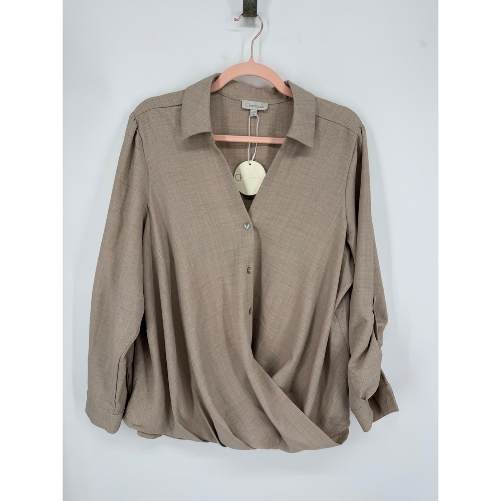 Chenault Blouse Women 2X Taupe Surplice Roll-Tab Sleeve Textured Top Career Plus